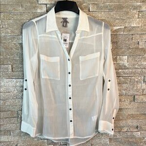 NEW- Sheer Cream Blouse with Black Buttons